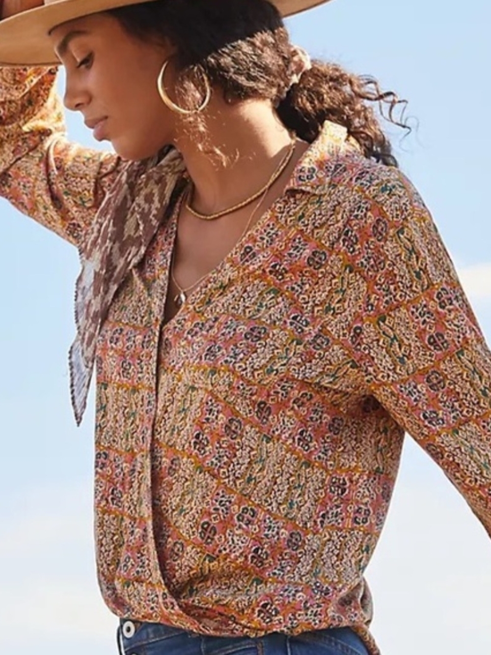 Anthropologie Pilcro Printed Faux Wrap Tisha Blouse in Pink and Brown Size S